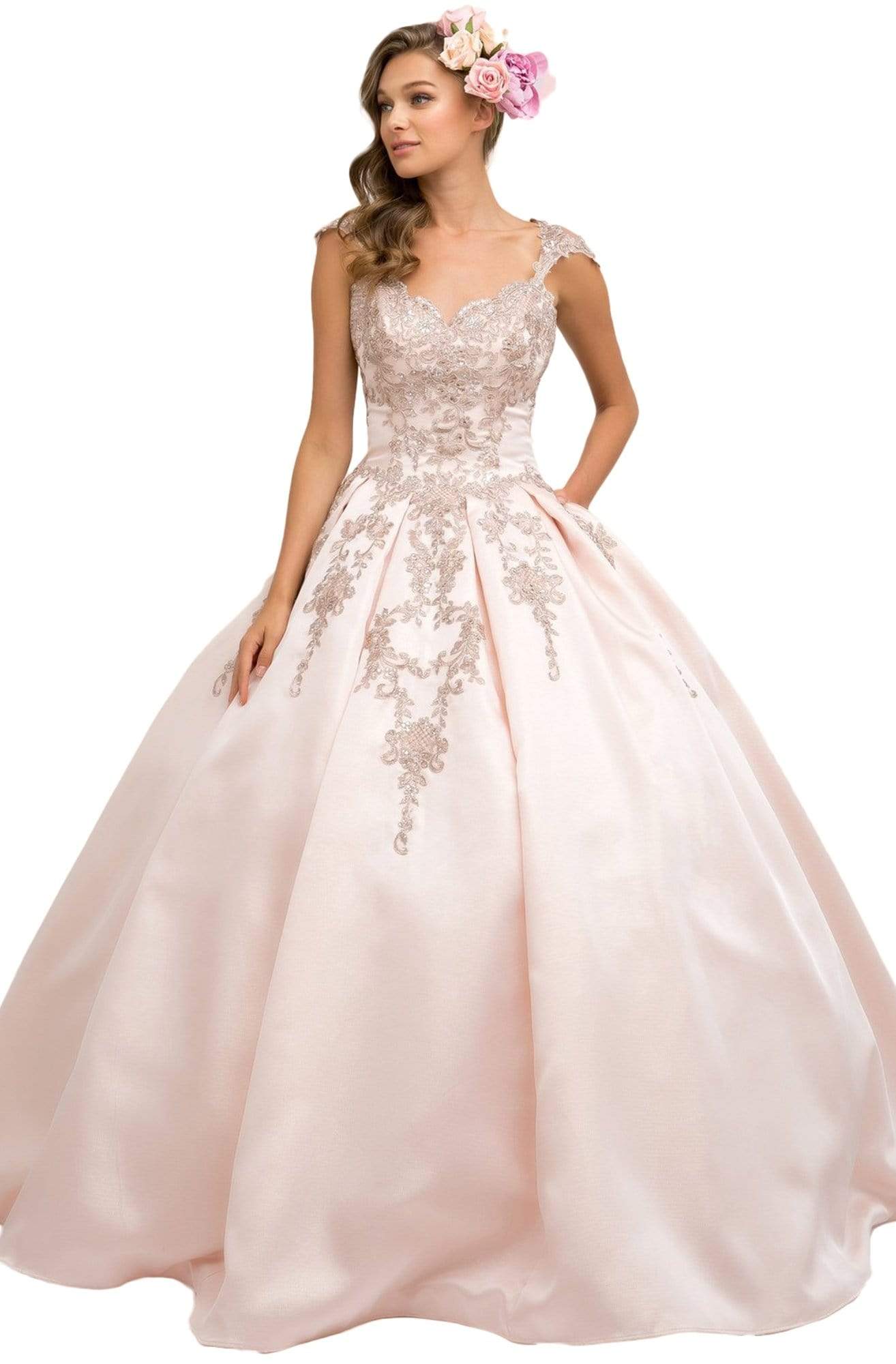 Nox Anabel - U801 Cap Sleeve Lace Appliqued Cutout Ballgown Quinceanera Dresses 4 / Blush