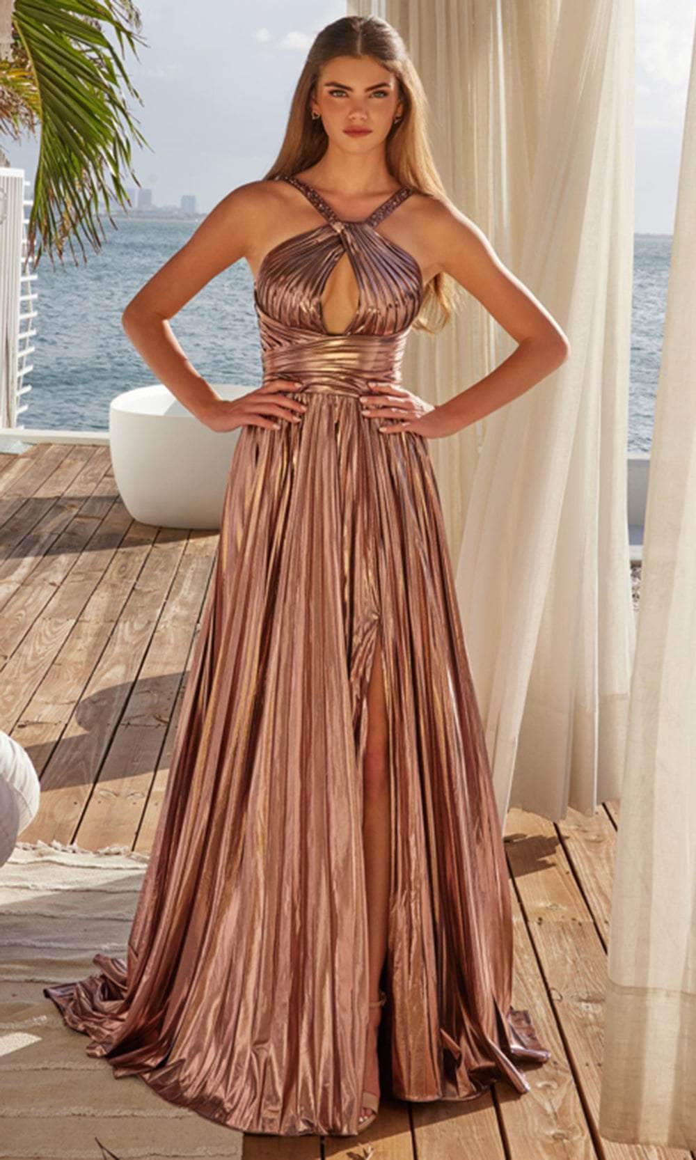 Pleated Halter Gold High Neck Dress Golden Chain Halter Neck