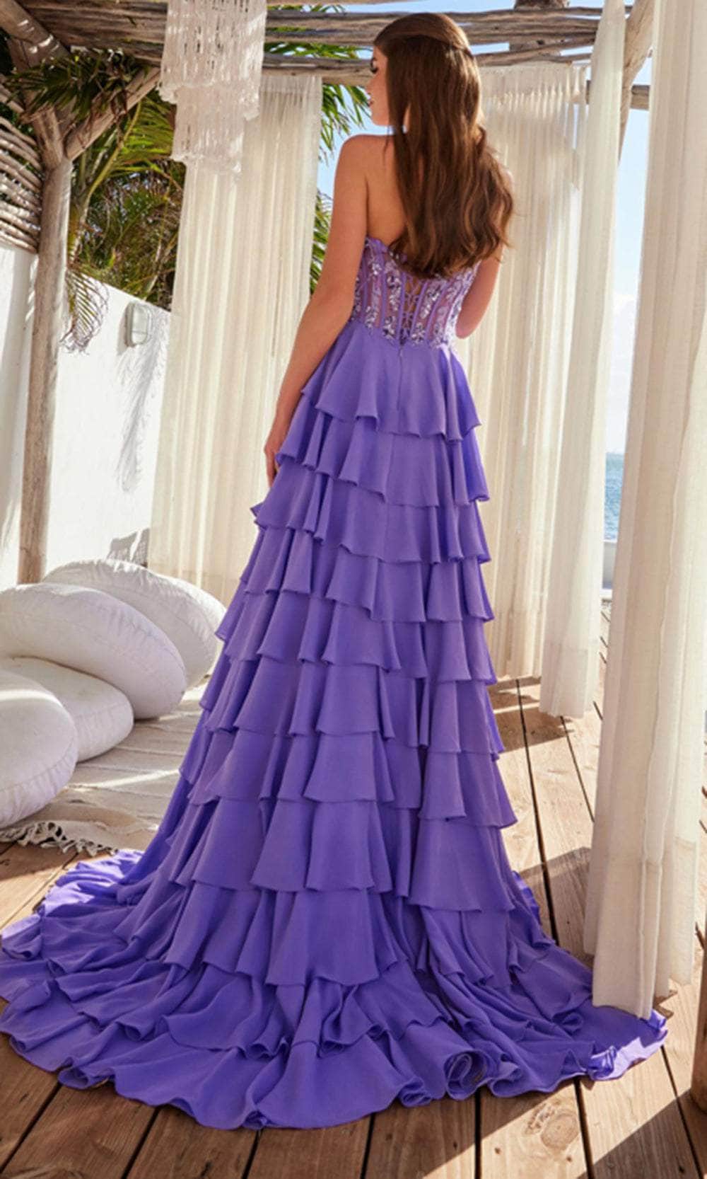 Nox Anabel Y1551 - Long Chiffon A-line Dress - Layered ruffle skirt, strapless corset bodice, high slit ADASA Nox Anabel Y1551 - Long Chiffon A-line Dress - Layered ruffle skirt, strapless corset bodice, high slit ADASA