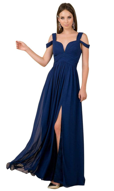 Nox Anabel - Y277 Cold Shoulder V Neckline A-Line High Slit Gown Prom Dresses