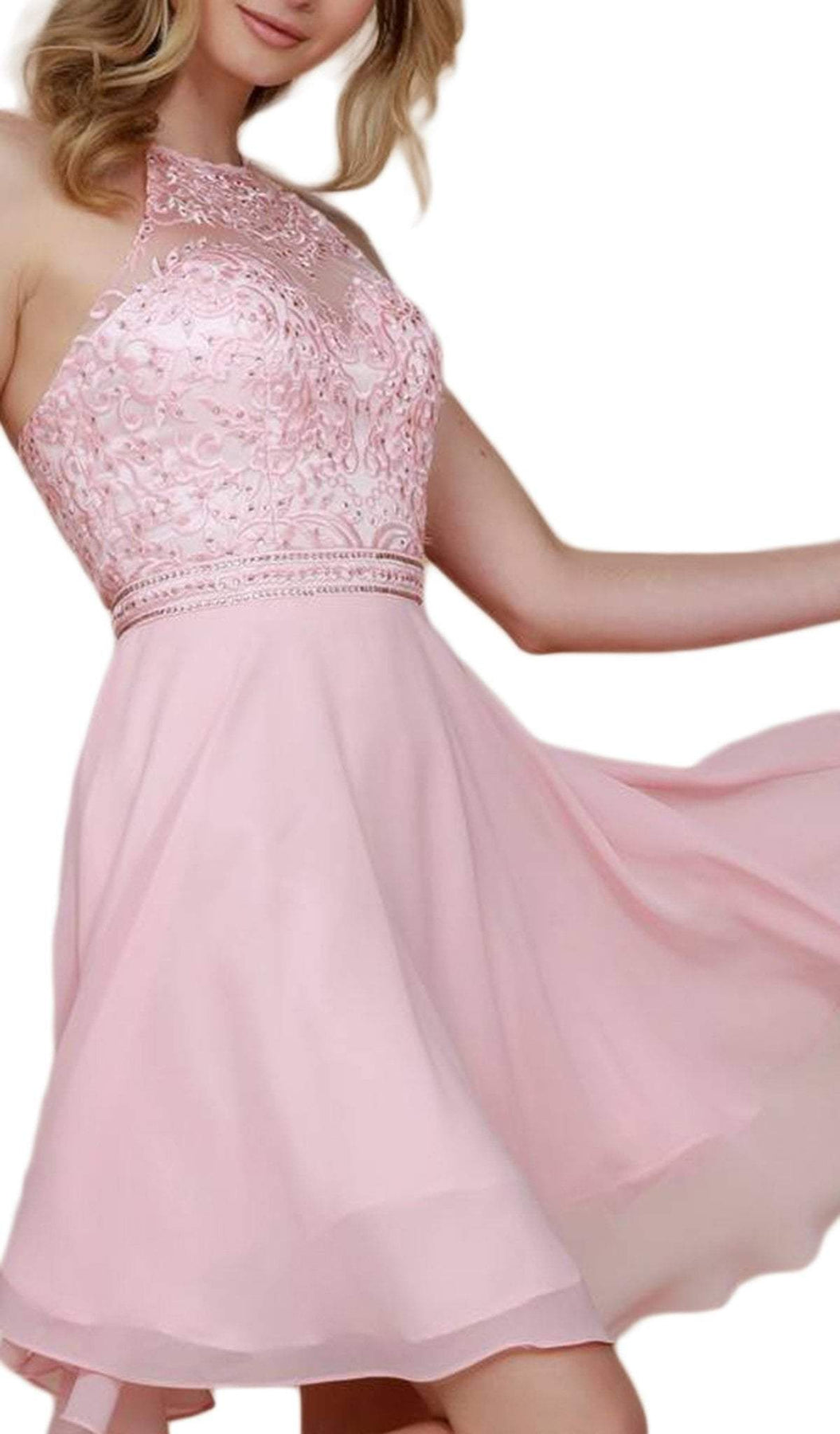 Nox Anabel - Y629 Embellished Illusion Halter Chiffon A-line Dress Special Occasion Dress