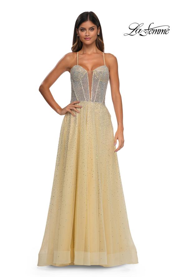 La Femme 32725 - Corset Bodice Deep V-Neck Prom Gown