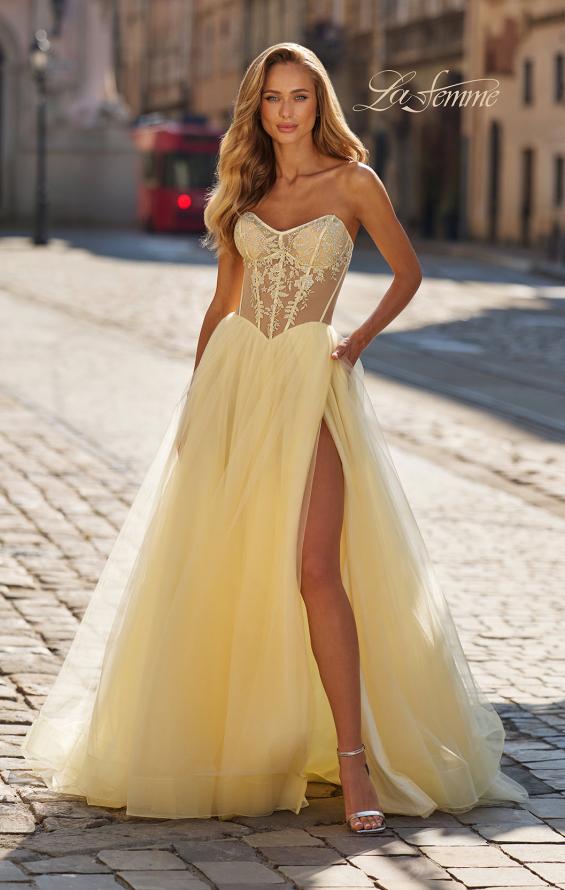 La Femme 33491 - Beaded Lace Layered A-Line Dress