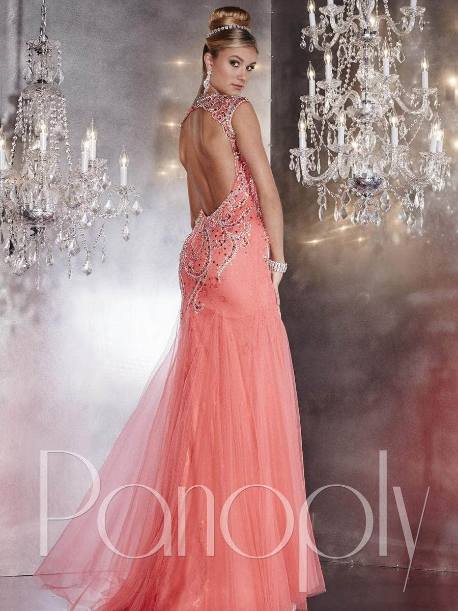 Panoply 14766 - Beaded High Neck Cutout Prom Gown Special Occasion Dress 2 / Watermelon