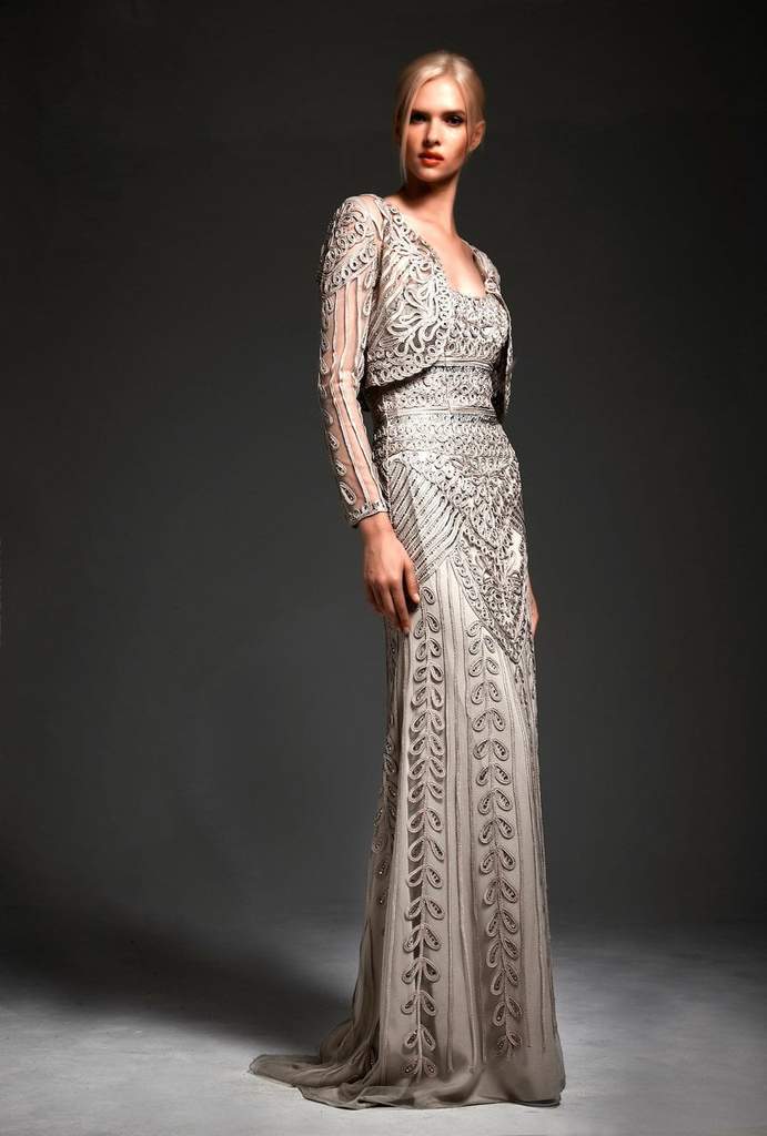 Hynes Park - Long Sleeve Illusion Bolero with Soutache Long Gown 8705 - 1 pc Mocha In Size 12 Available CCSALE 12 / Mocha