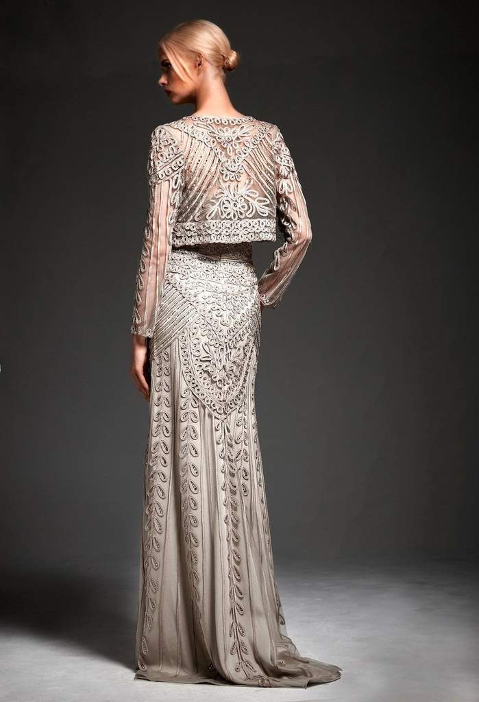 Hynes Park - Long Sleeve Illusion Bolero with Soutache Long Gown 8705 - 1 pc Mocha In Size 12 Available CCSALE 12 / Mocha