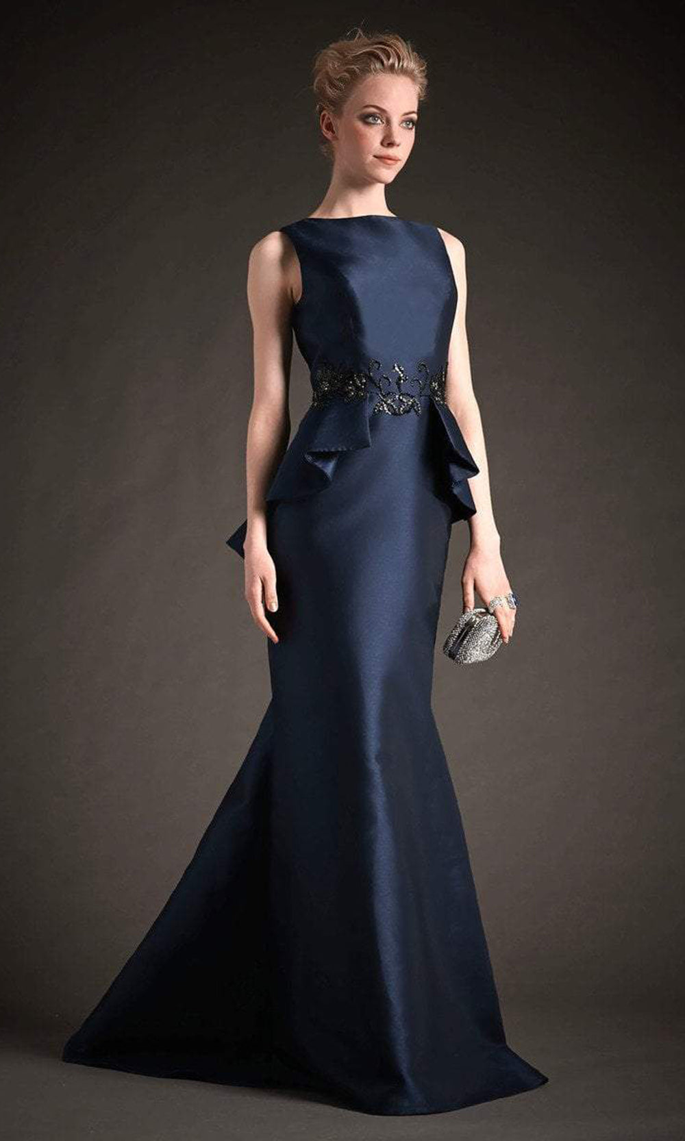 Hynes Park - M132 Beaded Waist Peplum Mikado Mermaid Gown - 1 pc Navy In Size 14 Available CCSALE