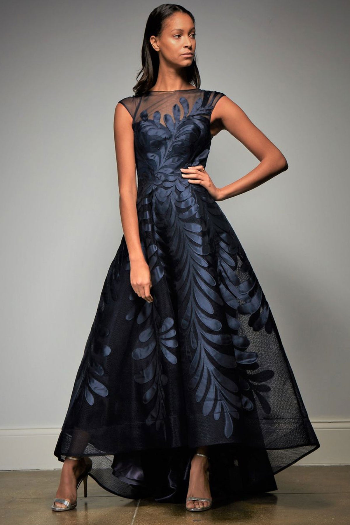 Park 108 M343 - Floral Embroidered High-Low A-Line Dress