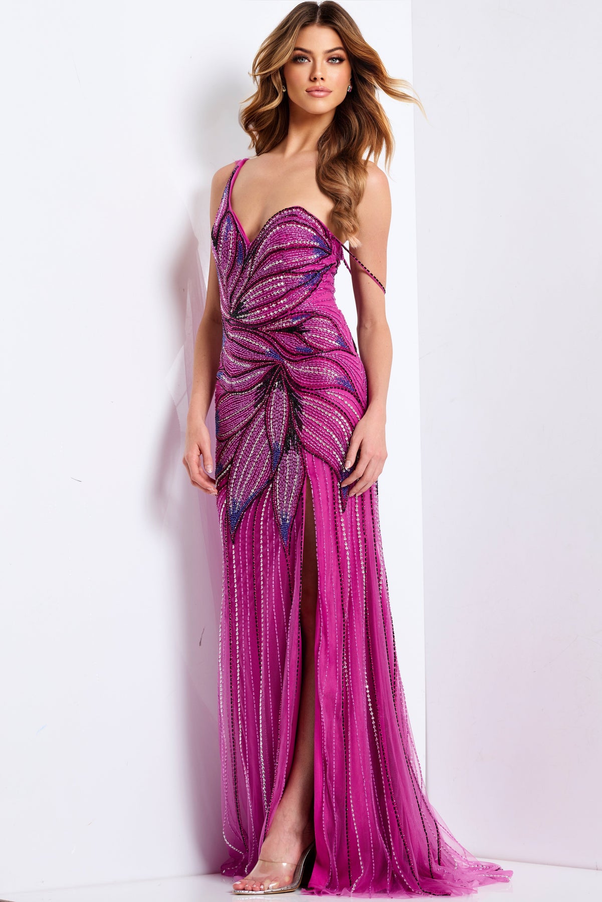 Jovani 45876 - Sheer Cape Beaded Sheath Gown Prom Dresses in In Purple