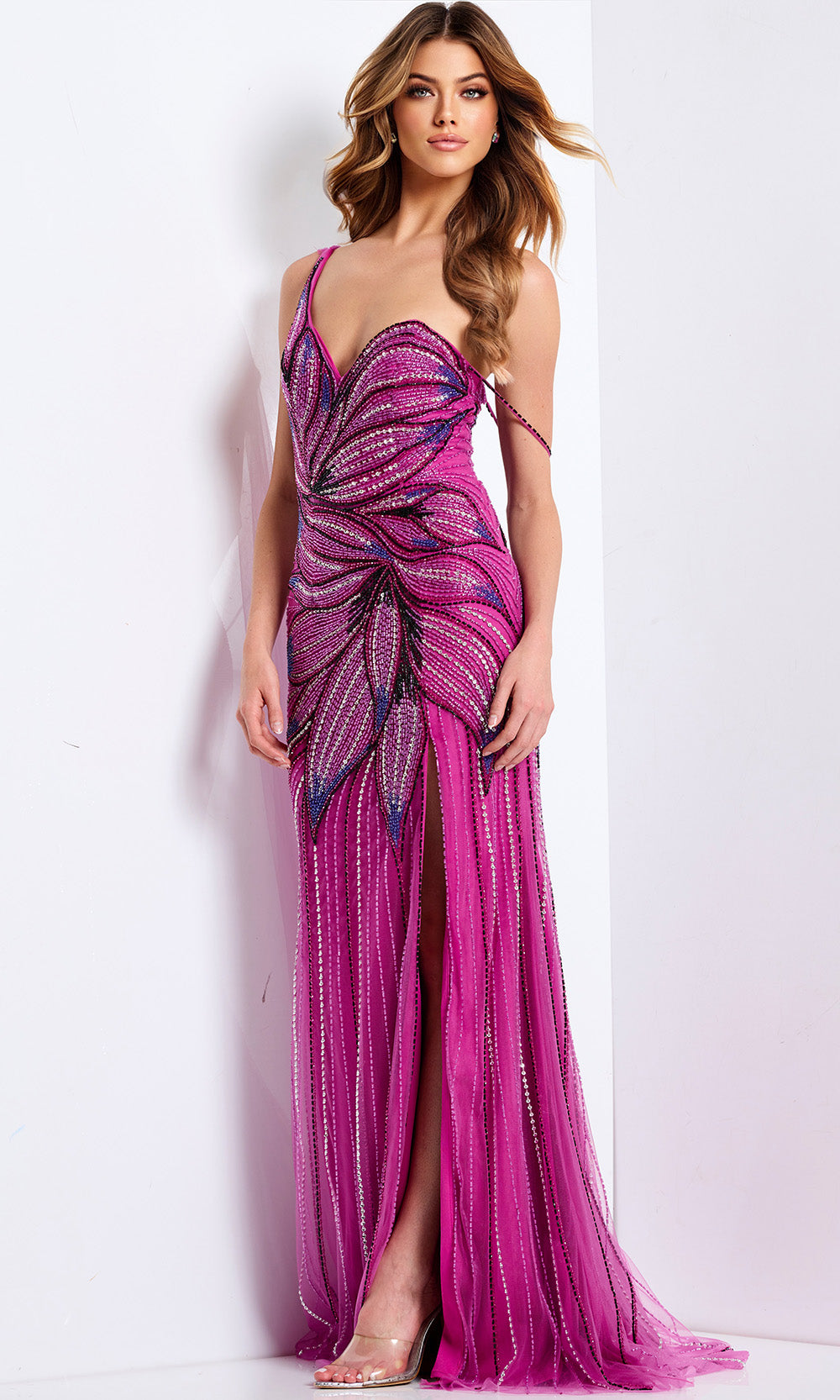 Jovani 45876 - Sheer Cape Beaded Sheath Gown