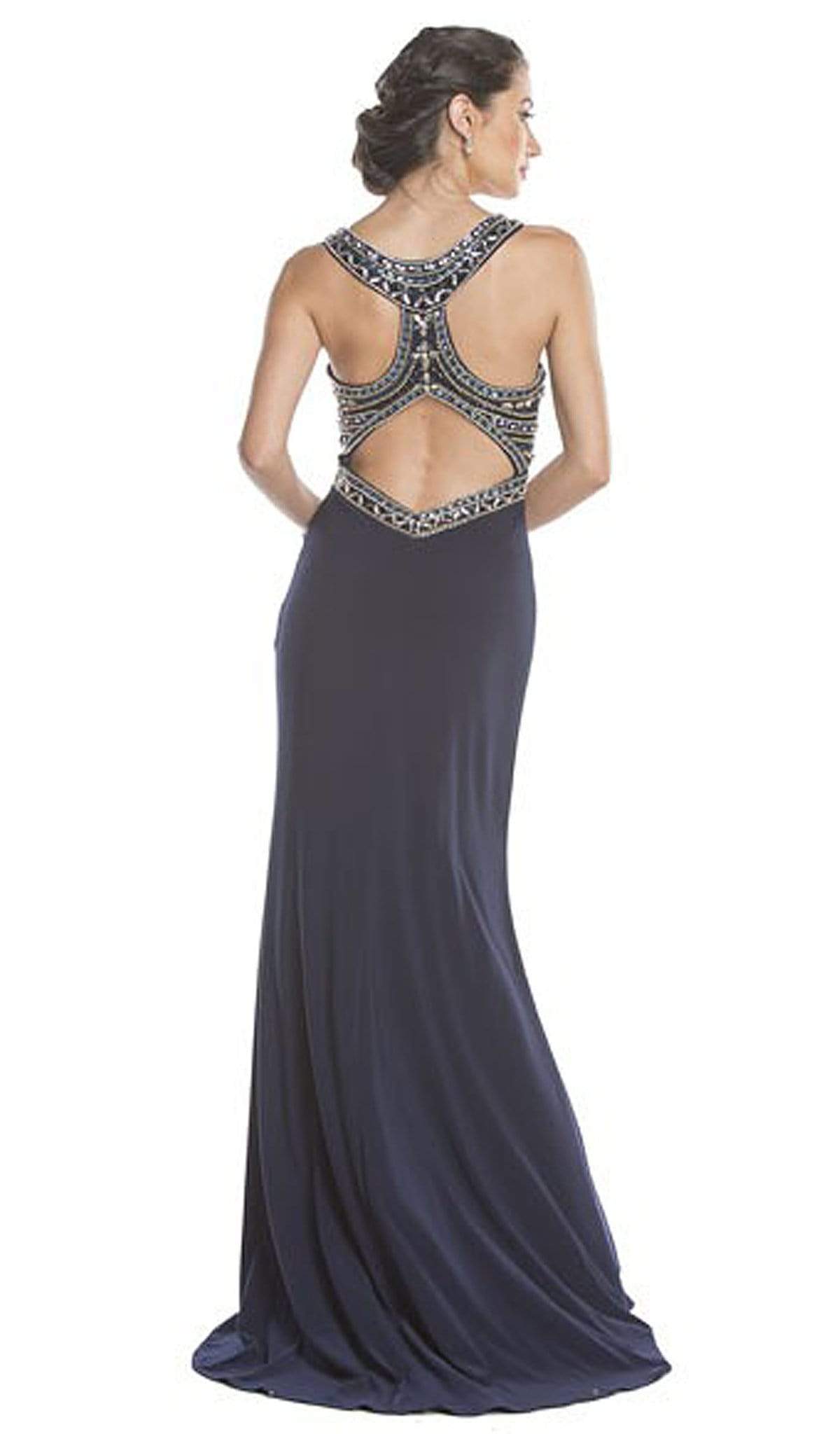 Plunging Embellished Sheath Evening Gown Dress