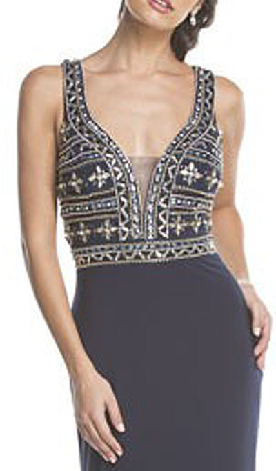 Plunging Embellished Sheath Evening Gown Dress