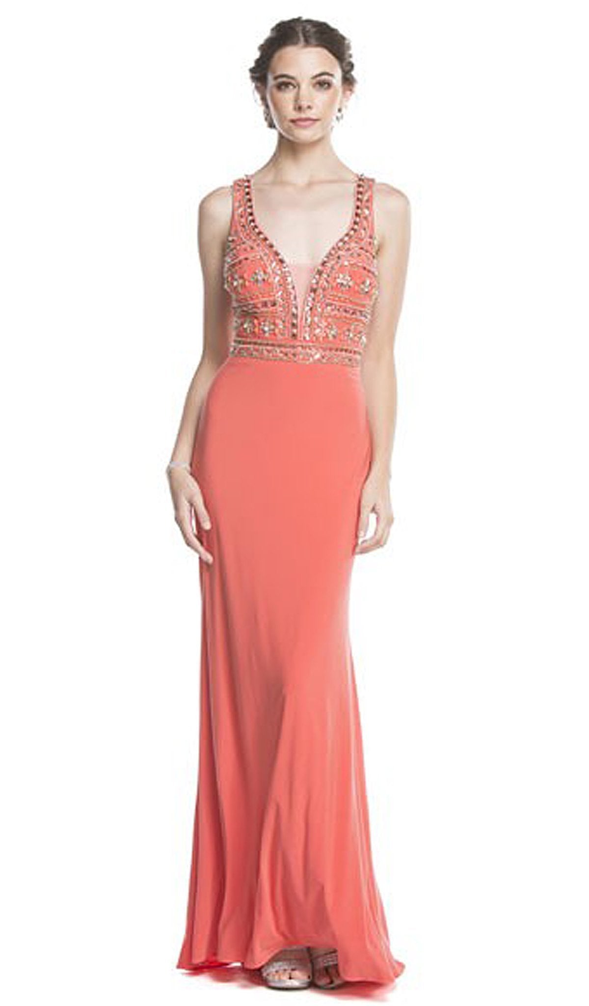Plunging Embellished Sheath Evening Gown Dress XXS / Coral