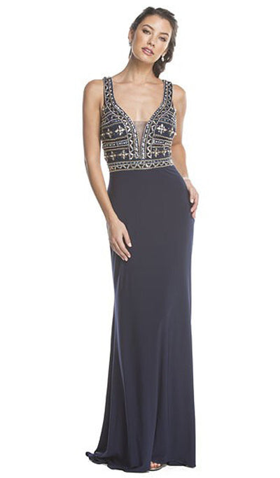 Plunging Embellished Sheath Evening Gown Dress XXS / Navy
