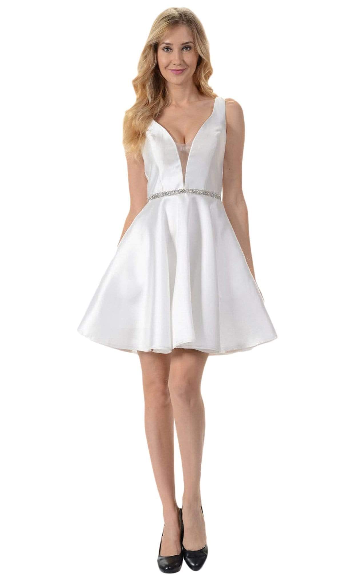 Poly USA - 7894 Sleeveless Deep V-Neck Mikado A-Line Cocktail Dress Bridesmaid Dresses XS / Off-White