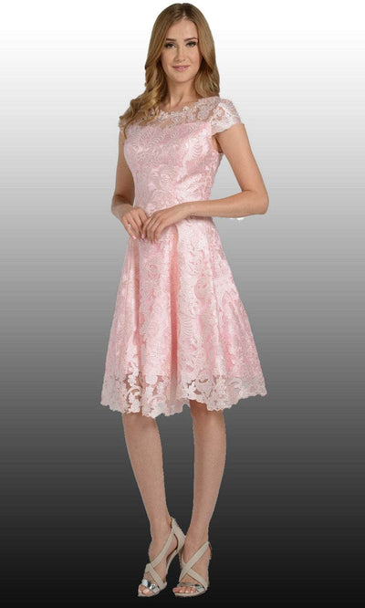 Poly USA 8090 - Lace Applique Short Sleeve Cocktail Dress Cocktail Dresses XS / Blush