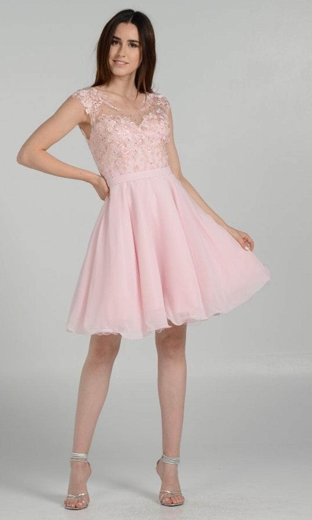 Poly USA 8094 - Scoop Neck Short Sleeve Cocktail Dress Prom Dresses XS / Blush