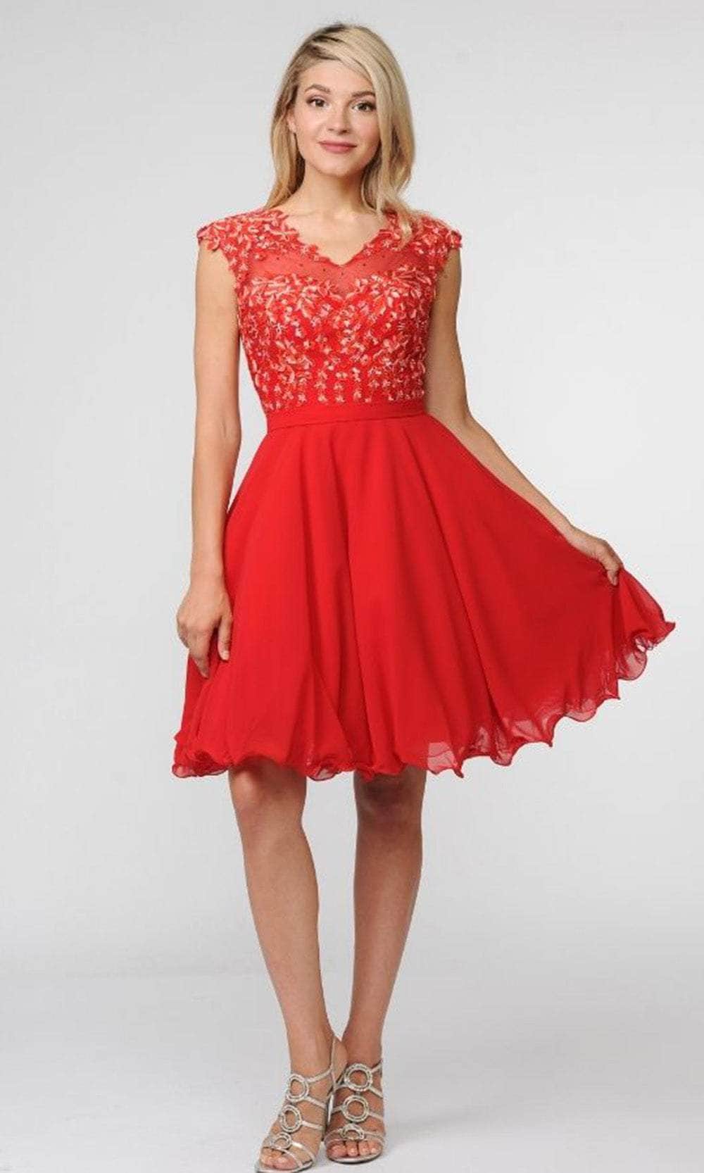 Poly USA 8094 - Scoop Neck Short Sleeve Cocktail Dress Cocktail Dresses XS / Red