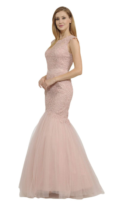 Poly USA - 8226 Cap Sleeve Appliqued Illusion Cutout Mermaid Gown Special Occasion Dress XS / Mauve