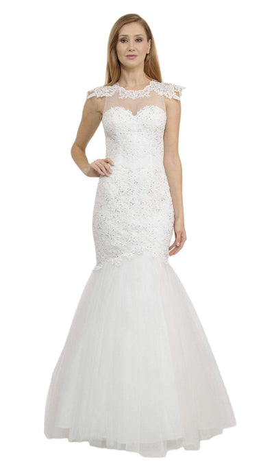 Poly USA - 8226 Cap Sleeve Appliqued Illusion Cutout Mermaid Gown Special Occasion Dress XS / Off-White