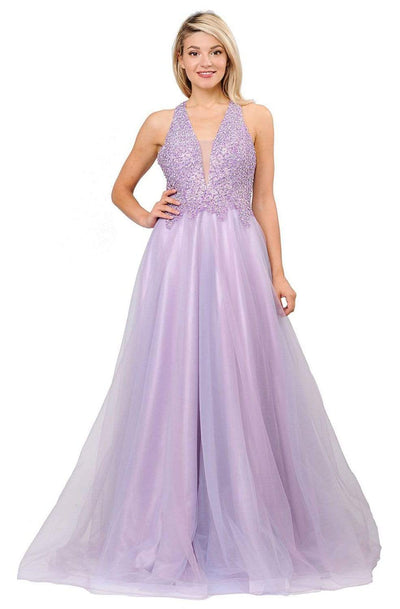 Poly USA - 8412 Beaded Deep V-neck Ballgown With Strappy Back Ball Gowns XS / Lavender