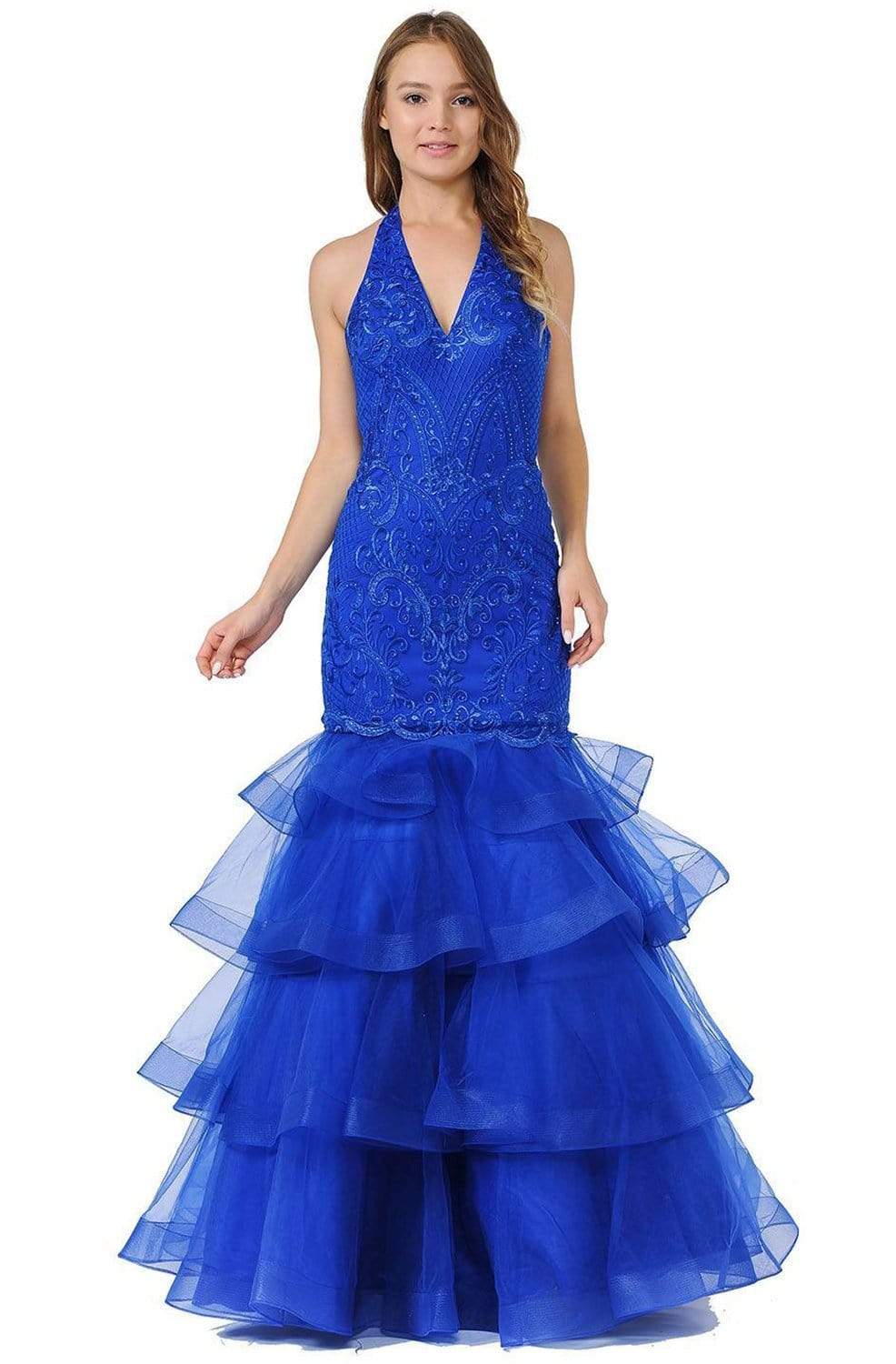 Poly USA - 8466 Embroidered Plunging Halter Trumpet Dress Prom Dresses XS / Royal