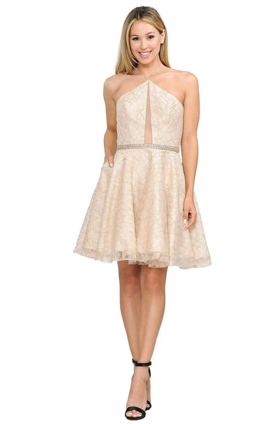 Poly USA - 8506 Halter Neck A-line Cocktail Dress Homecoming Dresses XS / Champagne