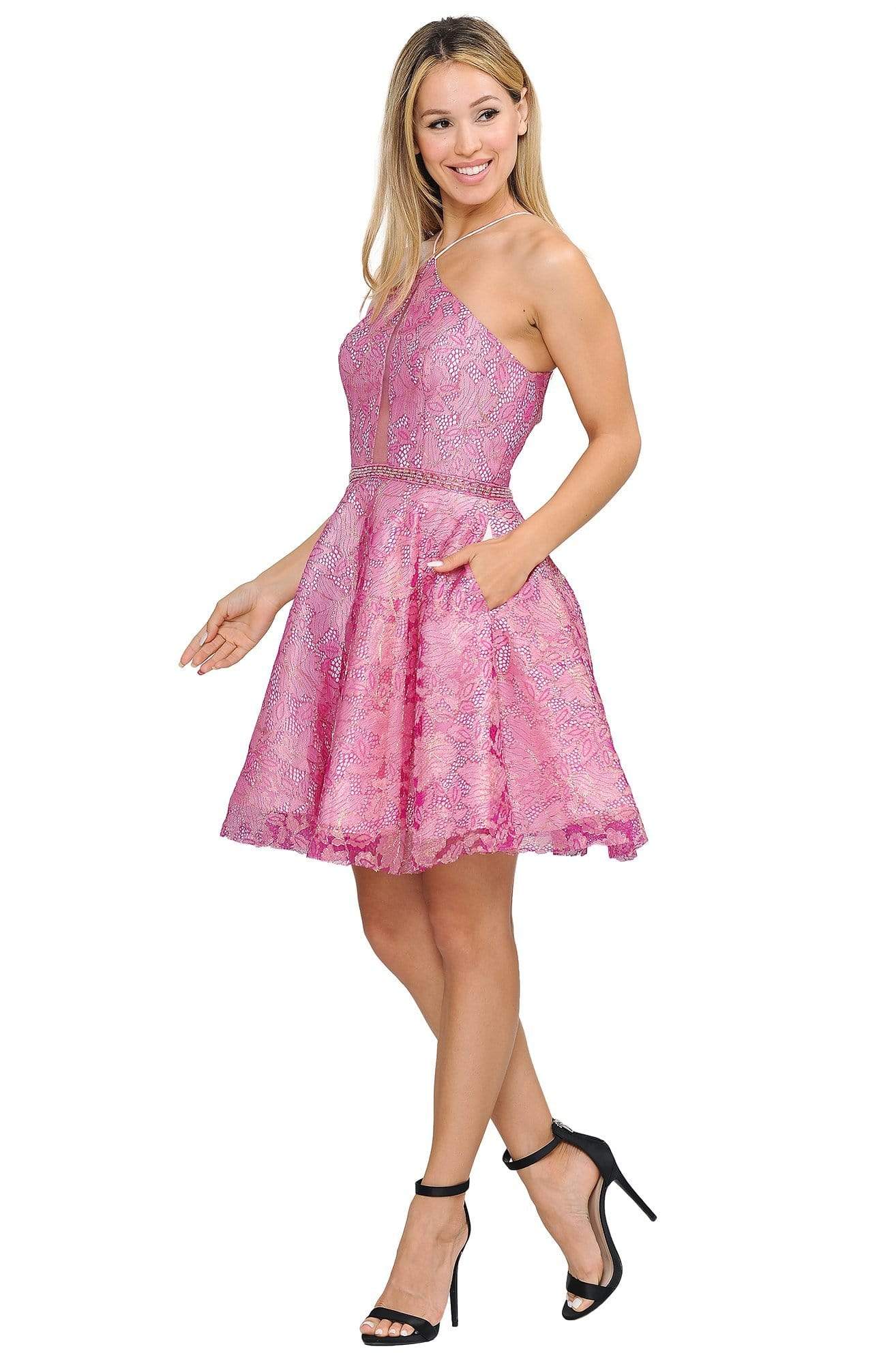 Poly USA - 8506 Halter Neck A-line Cocktail Dress Homecoming Dresses XS / Magenta/Blush