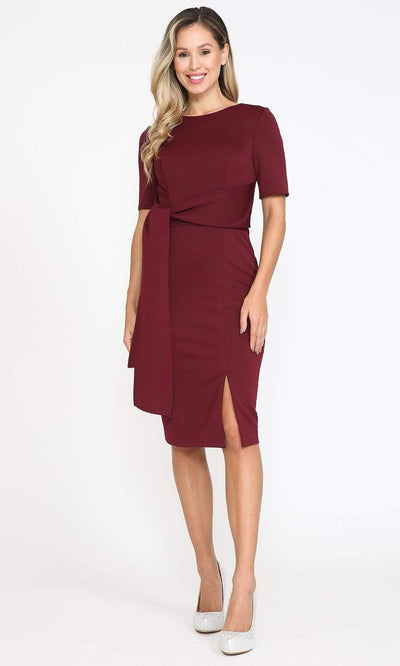 Poly USA - 8524 Short Sleeve Tie Waist Sheath Dress Holiday Dresses S / Burgundy