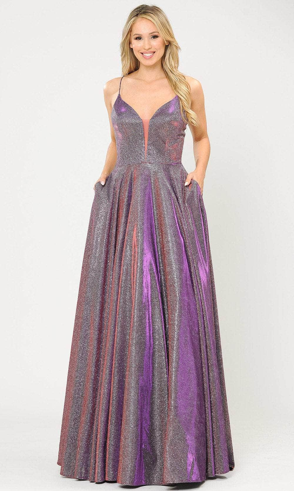 Poly USA 8556 - Glittered Deep V-neck A-Line Gown Special Occasion Dress XS / Red/Purple