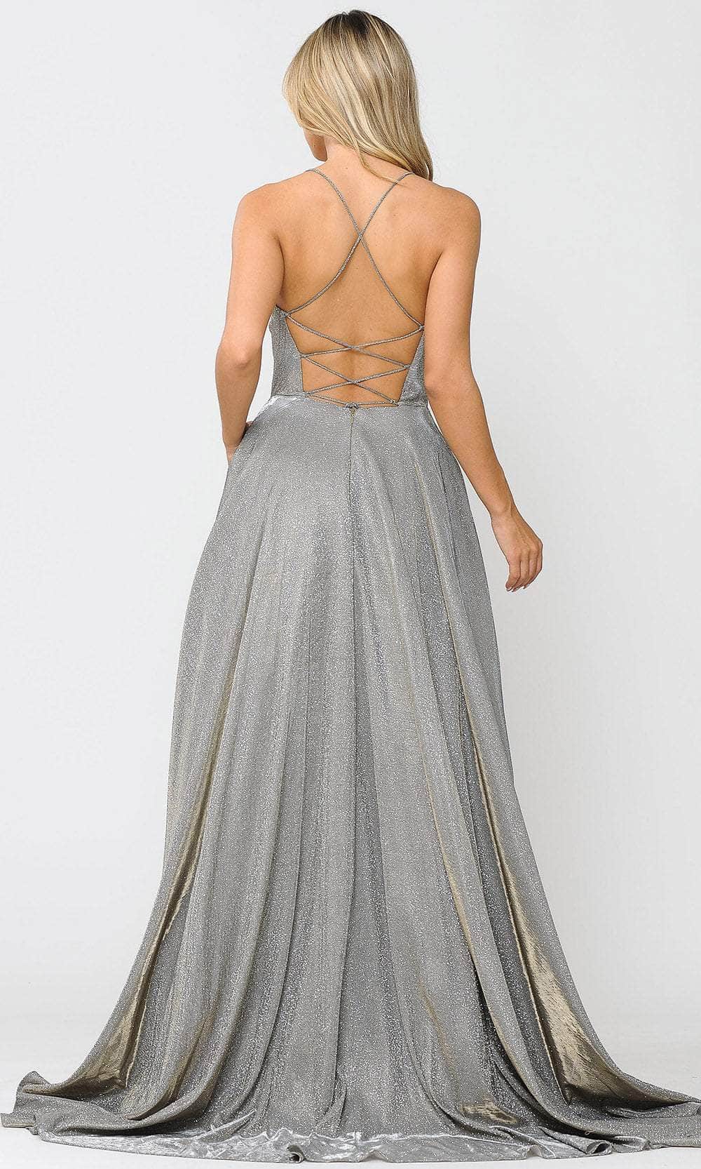 Poly USA 8574 Long Iridescent Glitter Dress with Open Corset Back | FormalDressShops Silver/Gold / XL Poly USA 8574 Long Iridescent Glitter Dress with Open Corset Back | FormalDressShops Silver/Gold / XL