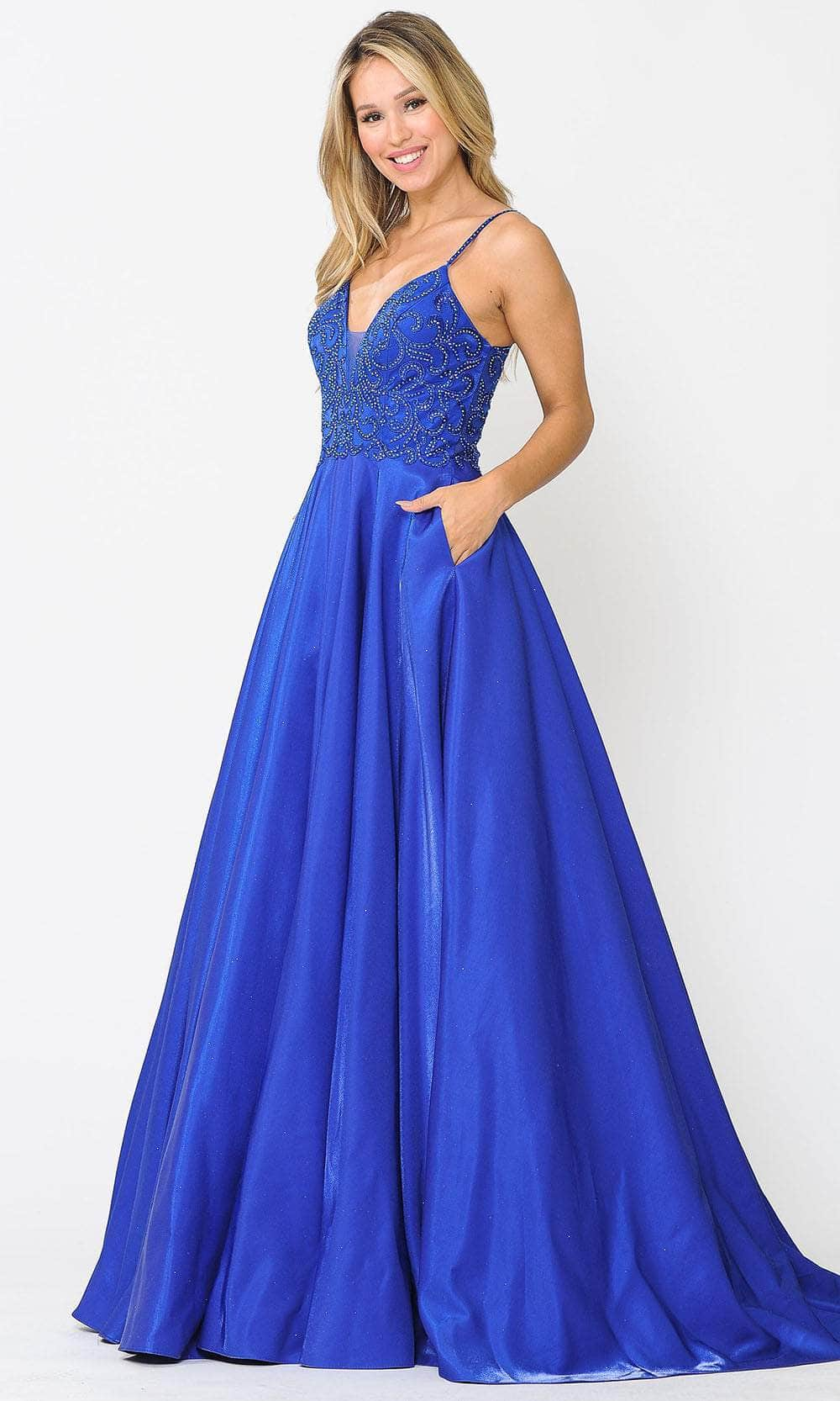 Poly USA 8576 - Sleeveless Deep V-neck Long Gown Prom Dresses XS / Royal