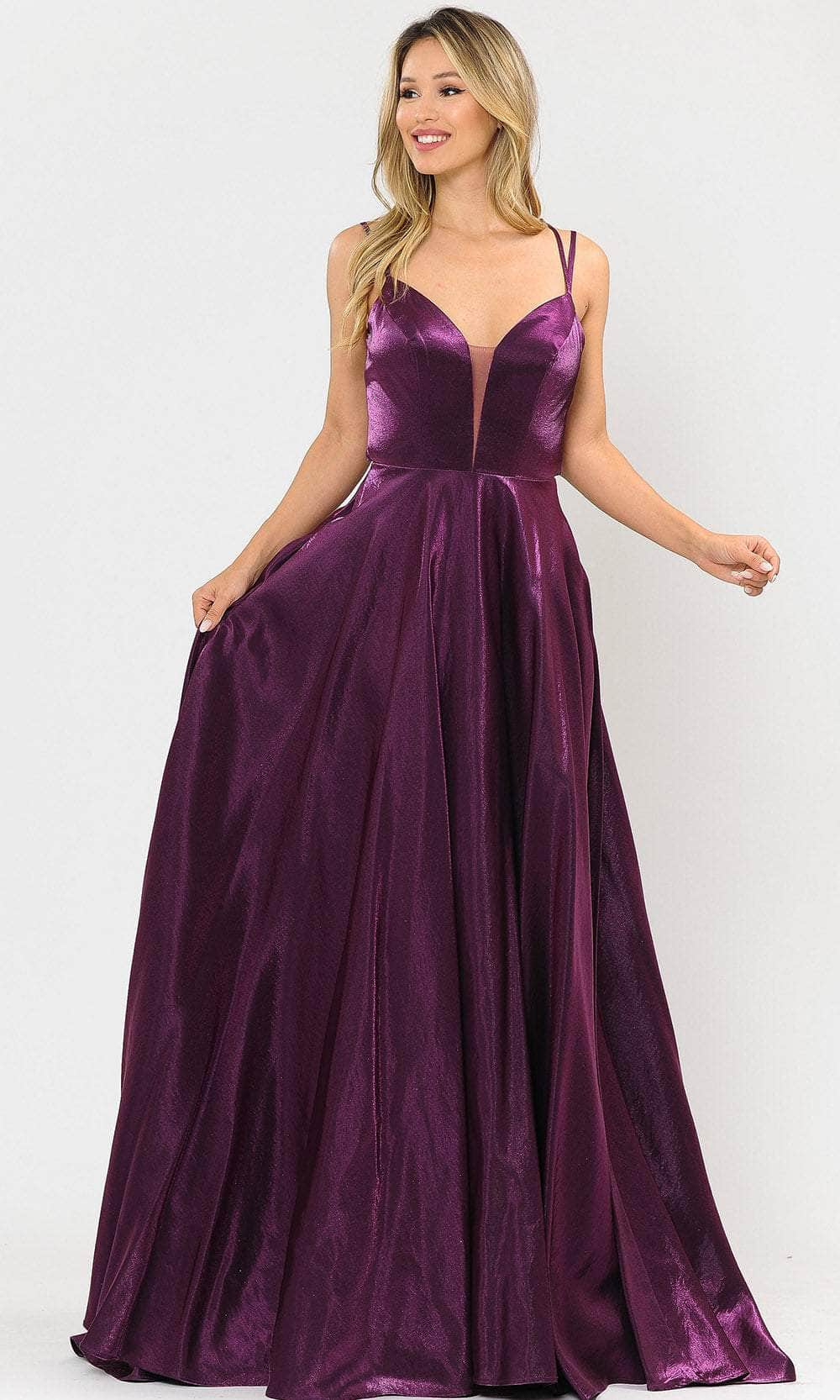 Poly USA 8644 - Deep V-Neck Shimmer Satin Gown Special Occasion Dress