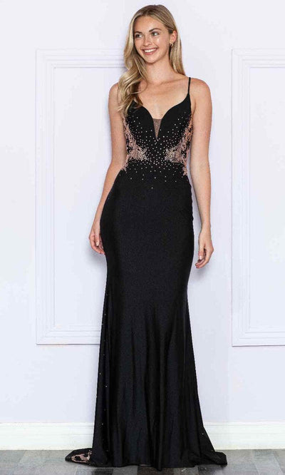 Poly USA 9274 - Plunging Jeweled Prom Dress Prom Dresses XS / Black/Rosegold