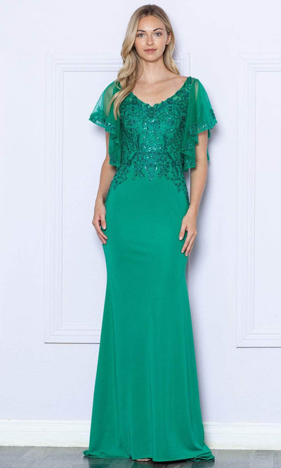 Poly USA 9318 - Flutter Sleeve Embroidered Gown Mother of the Bride Dresses XS / Emerald