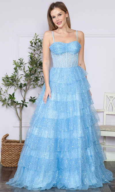 Poly USA 9328 - Corset Tiered Prom Dress Prom Dresses XS / Blue