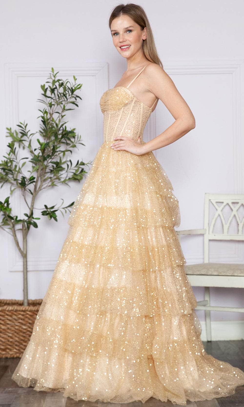 Poly USA 9328 Tiered Sleeveless Corset Sequin Gown | FormalDressShops Champagne / S Poly USA 9328 Tiered Sleeveless Corset Sequin Gown | FormalDressShops Champagne / S