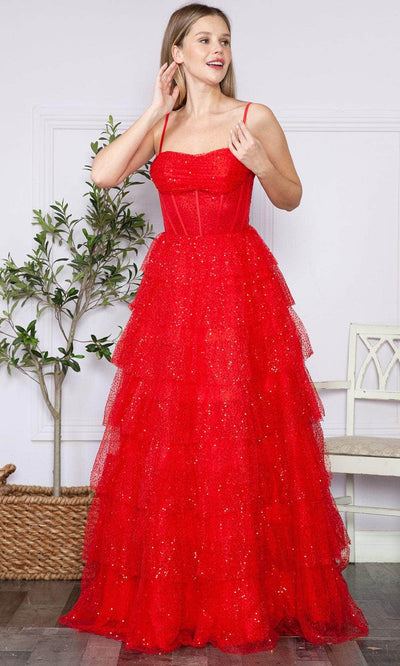 Poly USA 9328 - Corset Tiered Prom Dress Prom Dresses XS / Red