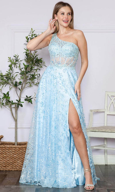 Poly USA 9372 - One Shoulder Corset Bodice Prom Dress Prom Dresses XS / Blue