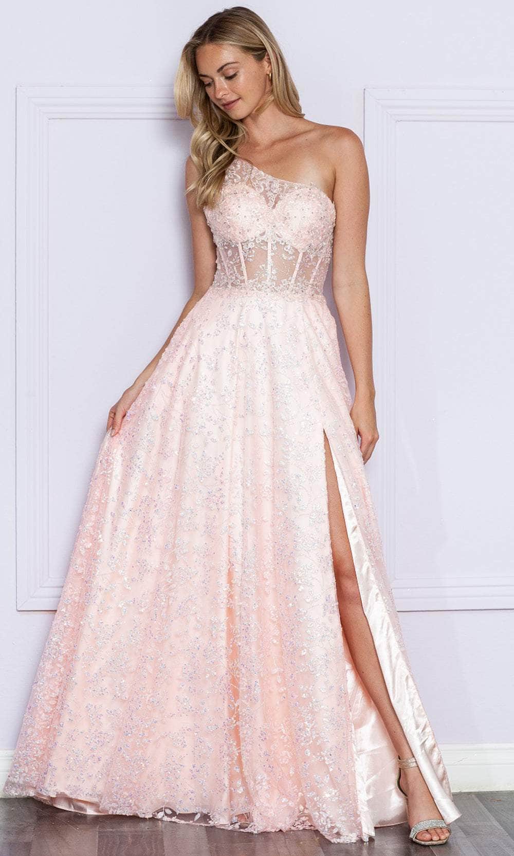 Poly USA 9372 - One Shoulder Corset Bodice Prom Dress Prom Dresses XS / Peach