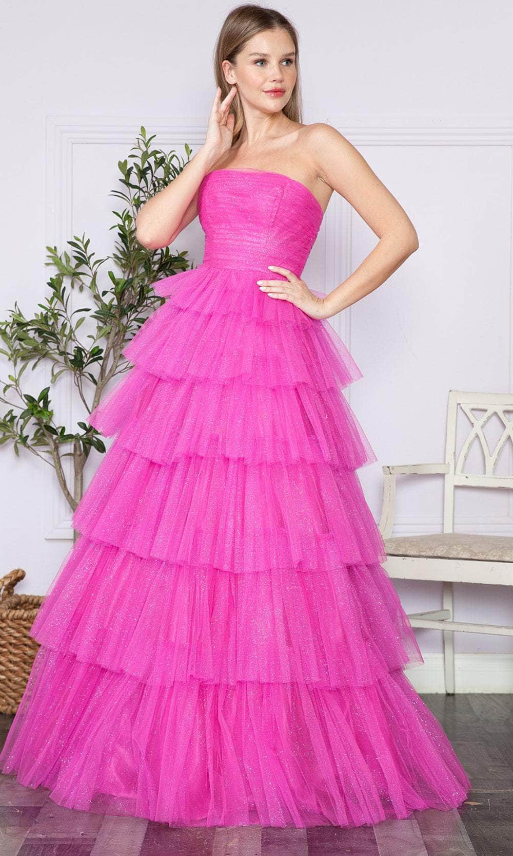Poly USA 9386 - Ruched Bustier Prom Dress Prom Dresses XS / Hot Pink