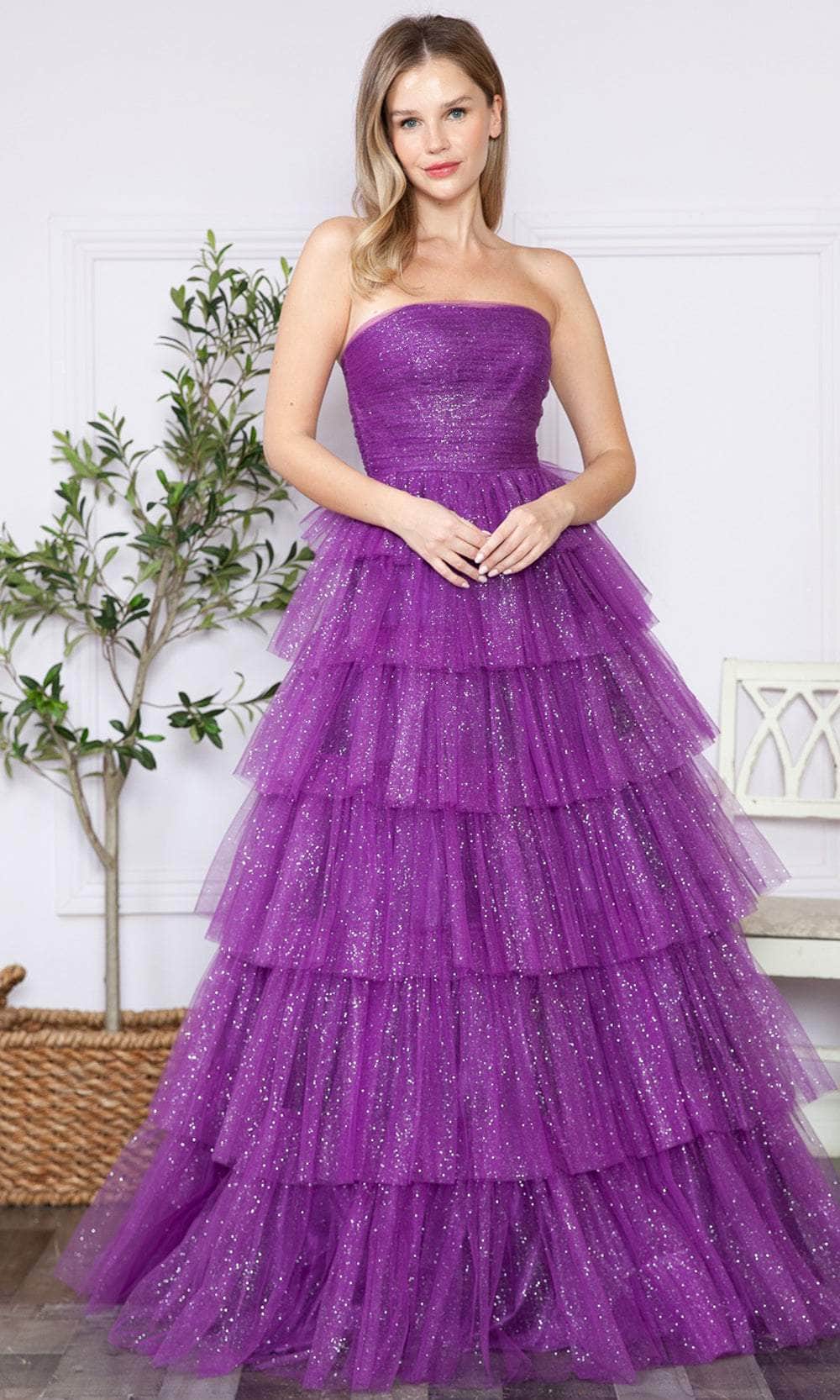 Poly USA 9386 - Ruched Bustier Prom Dress Prom Dresses XS / Purple