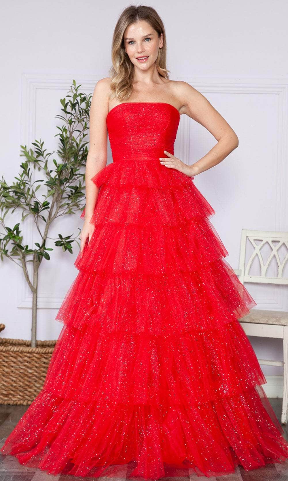 Poly USA 9386 - Ruched Bustier Prom Dress Prom Dresses XS / Red