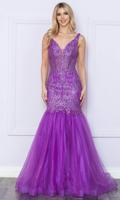 Poly USA 9388 - Plunging Neckline Glitter Prom Dress Prom Dresses XS / Purple