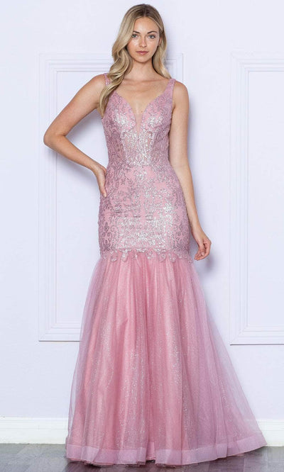 Poly USA 9388 - Plunging Neckline Glitter Prom Dress Prom Dresses XS / Rose Gold