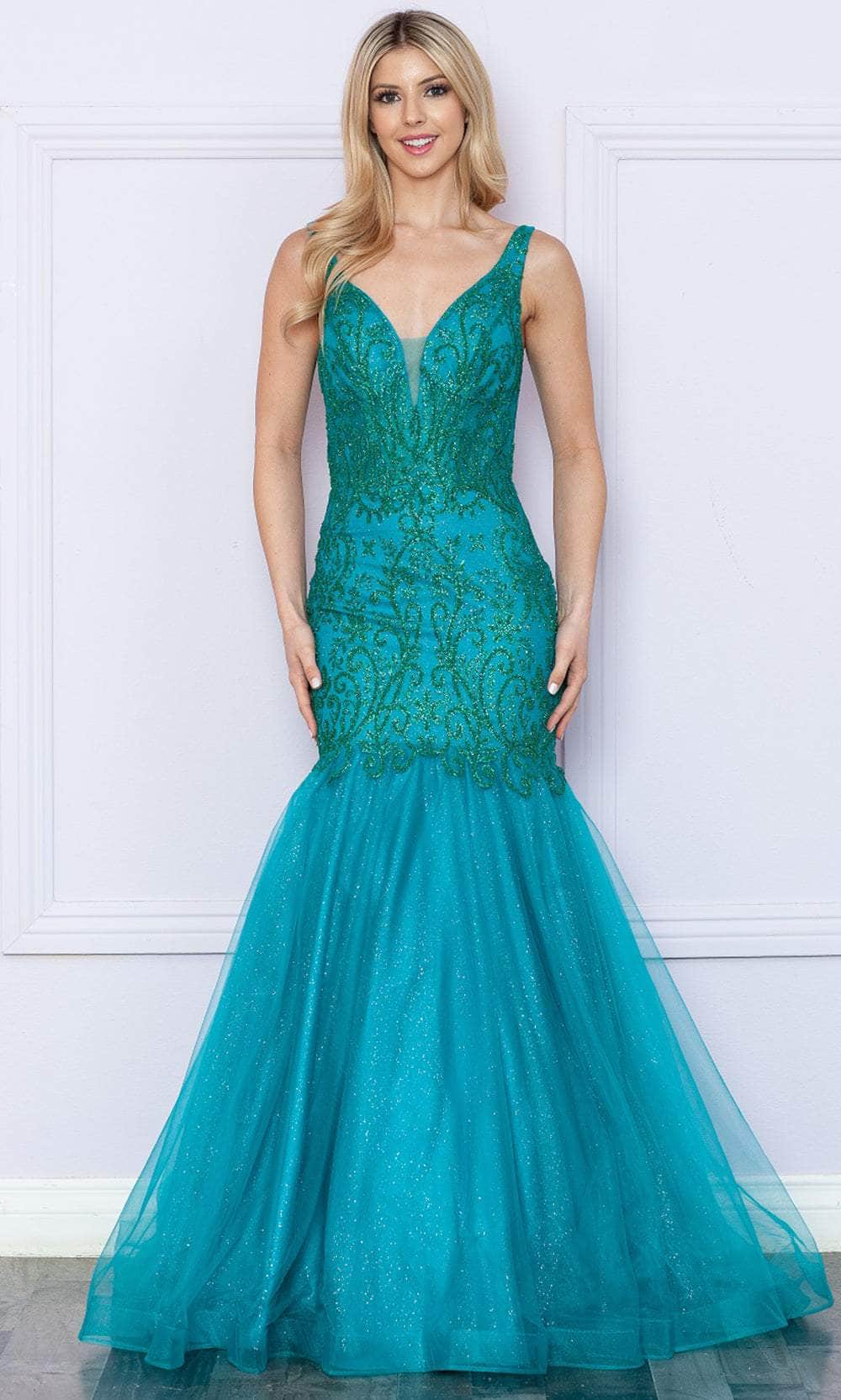 Poly USA 9388 - Plunging Neckline Glitter Prom Dress Prom Dresses XS / Teal