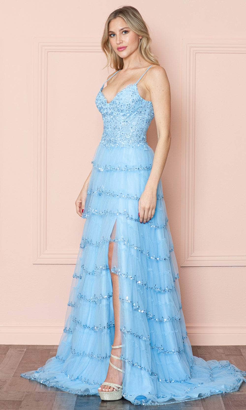 Poly USA 9404 - V-Neck Lace Appliqued Prom Dress Prom Dresses