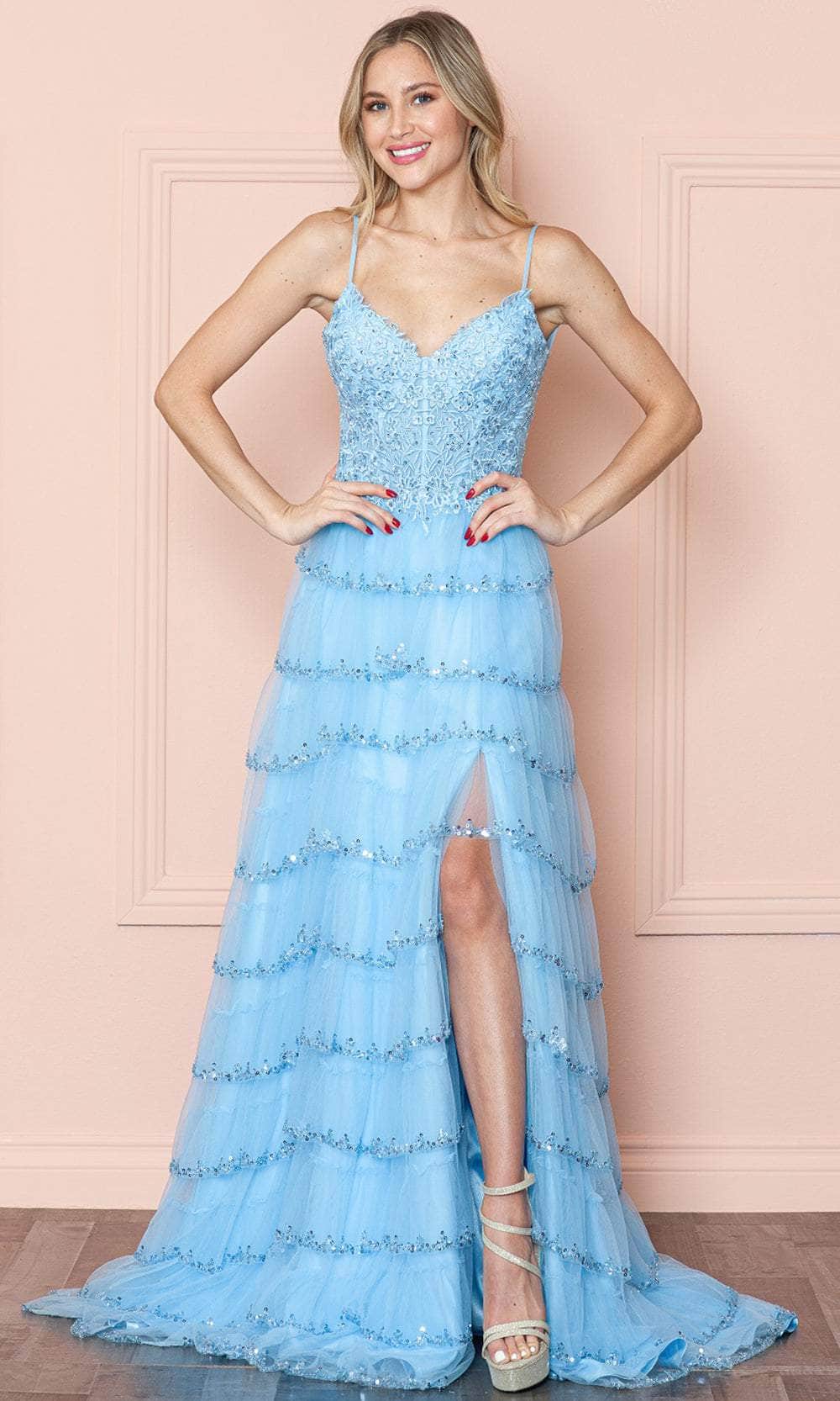 Poly USA 9404 - V-Neck Lace Appliqued Prom Dress Prom Dresses XS / Blue