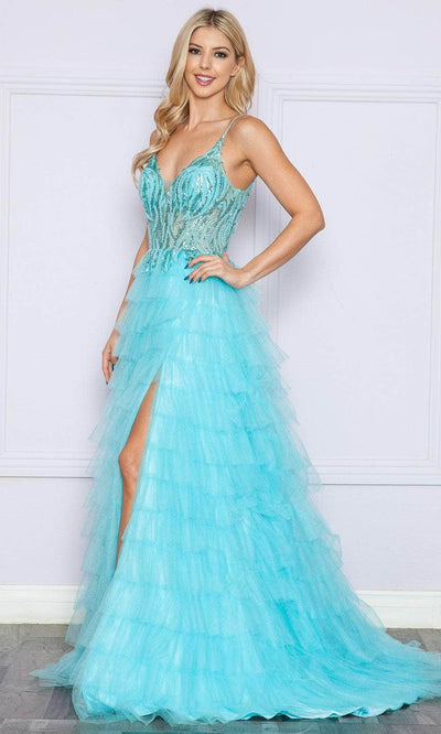 Poly USA 9408 - Plunging V-Neck Tiered Prom Dress Prom Dresses