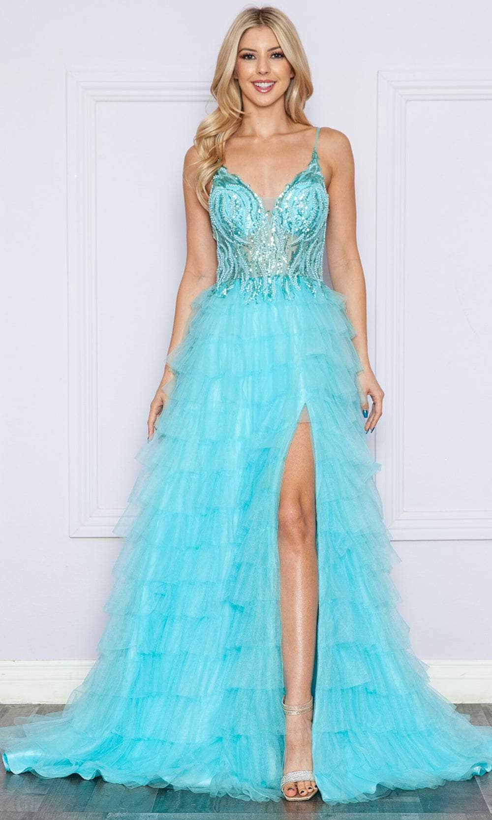 Poly USA 9408 - Plunging V-Neck Tiered Prom Dress Prom Dresses XS / Aqua